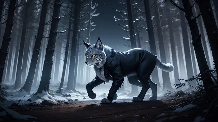 A mysterious lynx dressed in a sleek suit of midnight fabric, prowling through a moonlit forest.