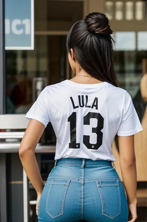 Woman from behind watching the soccer game with the name Lucia on the T-shirt 