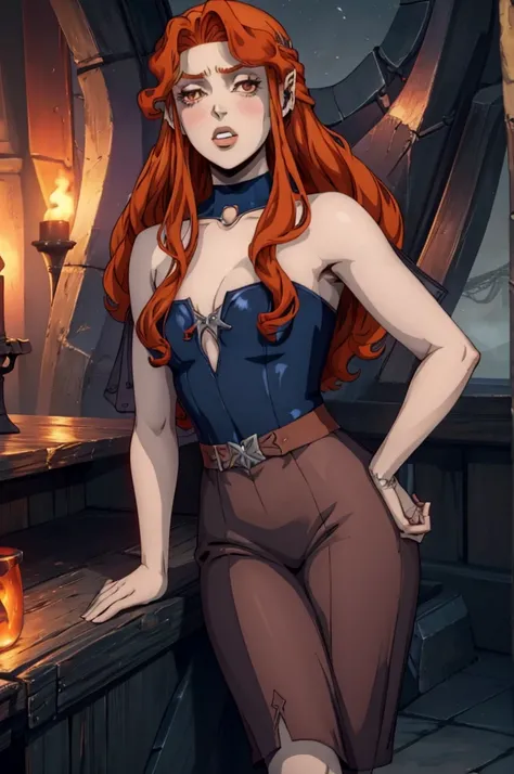 Lenore - Castlevania, sexy vampire girl with orange hair, nude, blue stockings, blue choker, girl holding a cake with "100" written on it