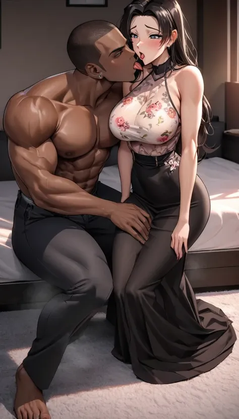 (1 young man), (1 asian Mom), (Duet), A mom seduces a young blackman，lying on the bed，（strong and naked black man，short pants，muscle body，bodybuilder），（a young mom with big breasts，narrow waist，bare shoulders，(long skirt dressed, floral print, naked）, Euro...