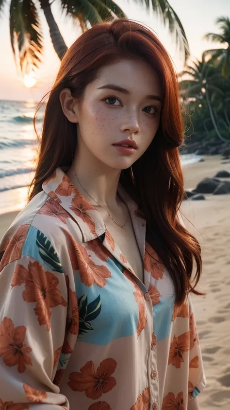 30 year old redhead 3/4 busts, Squint lens, A small number of freckles, Goosebumps in a Hawaiian shirt next to a coconut tree by the sea, Cinematic, faded colors, dark shot, pastel colour, grainy film, lute, Crazy details, Intricate details, ultra - detail...