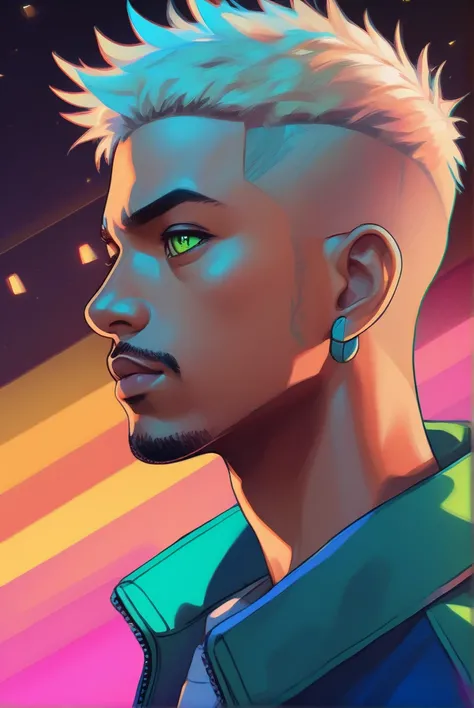 Anime-style 2.5D portrait with a pastel oil painting effect Boruto + Michael B. Jordan forte, cinematic vibrant neon lighting, close-up on a character with detailed shaven head backdrops, piercingly detailed Green big eyes with bright pupils, portrayed in ...