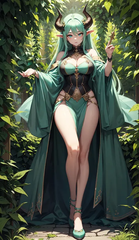 (Best Quality,Unparalleled Masterpiece:1.4),Ultra-Detailed CG 4K,(Ultra-Detailed Clear Absurdly-Vivid Mint Big Eyes:1.2),yellow medieval summer girl, concept, vines on the hand and horns from vines, full length, full body, magic hunter