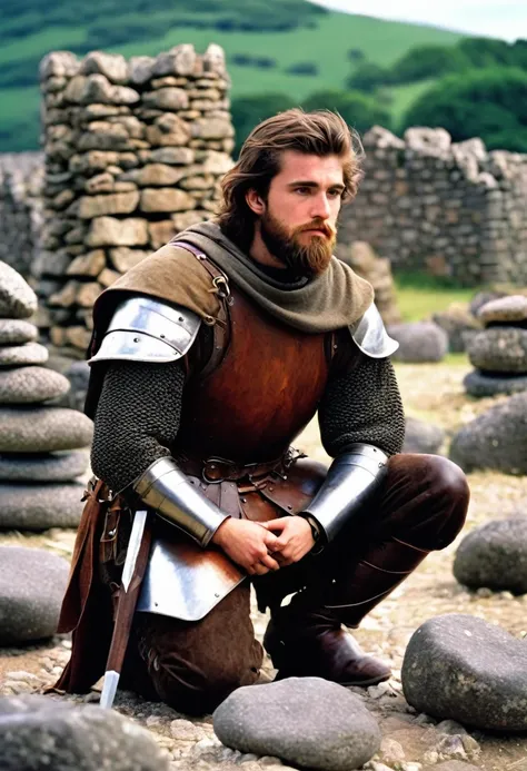 25 year old knight wearing bruised partially plate partially leather, wild brown hair, plain face, unkempt brown beard, medium height, sad looking, is kneeling in front of a number of cairns that are made of building stones. In the background the ruins of ...