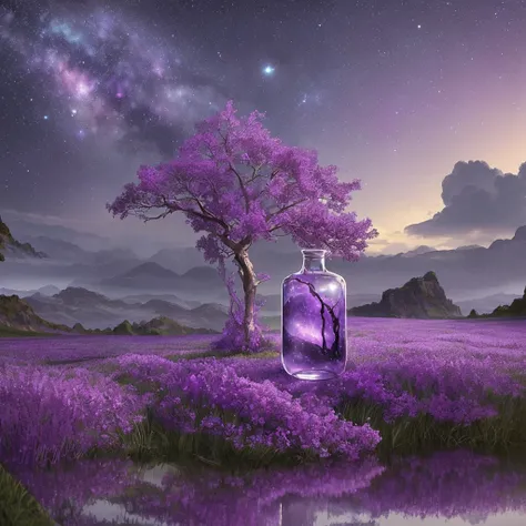 beautiful scenery nature glass bottle landscape, purple galaxy bottle.