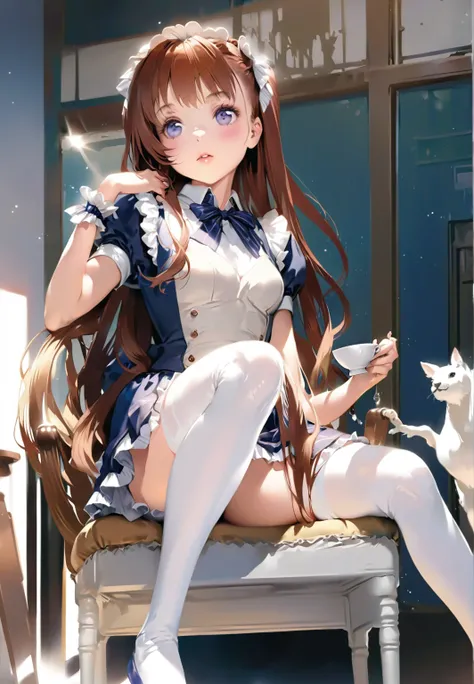 Anime girl sitting on a chair while drinking coffee, a hyperRealistic school girl, hyperRealistic school girl, , Beautiful anime school girl, Realistic school girl, Enchanting anime girl, Anime Barbie in White Stockings, Cute girl anime visuals, Light nove...