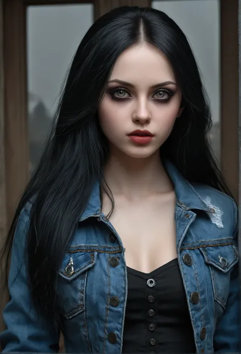 a sexy gothic russian girl, long black hair, slim body, small breasts, wearing a denim jacket, medium sized butt, (best quality,4k,8k,highres,masterpiece:1.2),ultra-detailed,(realistic,photorealistic,photo-realistic:1.37),extremely detailed eyes and face,l...