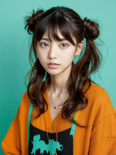 (masterpiece), (highest quality), (Super detailed), (messy hair), (shape), (one japanese girl), (fashionable clothes), Are standing, Fashion Model, (interview), (simple turquoise orange background), fine and beautiful eyes, delicate beautiful face, floatin...