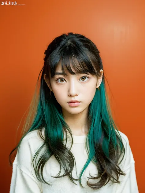 (masterpiece), (highest quality), (Super detailed), (messy hair), (shape), (one japanese girl), (fashionable clothes), Are standing, Fashion Model, (interview), (simple turquoise orange background), fine and beautiful eyes, delicate beautiful face, floatin...