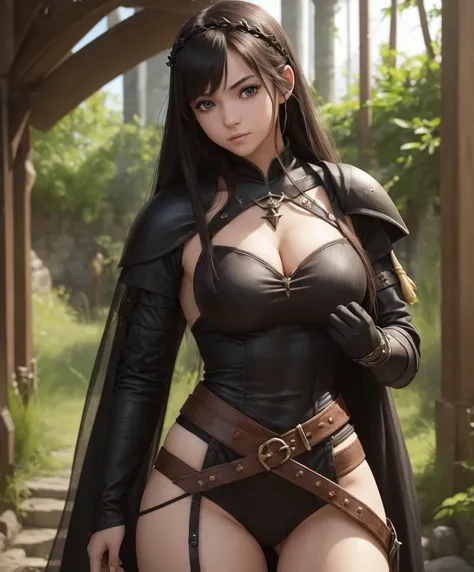 (((Single character image.))) (((1girl))) (((Dressed in medieval fantasy attire.))) (((Solo))) (((Generate a darkly sexy female character for a fantasy setting.))) (((Appears to be 20 years old with youthful looks.)))Generate a female character in a fantas...