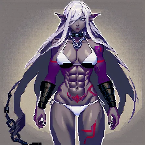 ((pixel art)) whole body, standing, gray skin, drow, elf, 1 girl, maduro, purple eyes, by white, black bikini, ABS, Large knockers, tattered rags, chain collar, stomach tattoo (red tattoo)