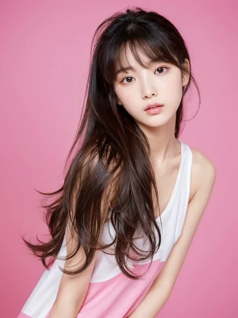 masterpiece), (highest quality), (Super detailed), (messy hair), (shape), (one Korean girl), (fashionable clothes), Are standing, Fashion Model, (interview), (simple pink background), fine and beautiful eyes, delicate beautiful face, floating, (high color ...