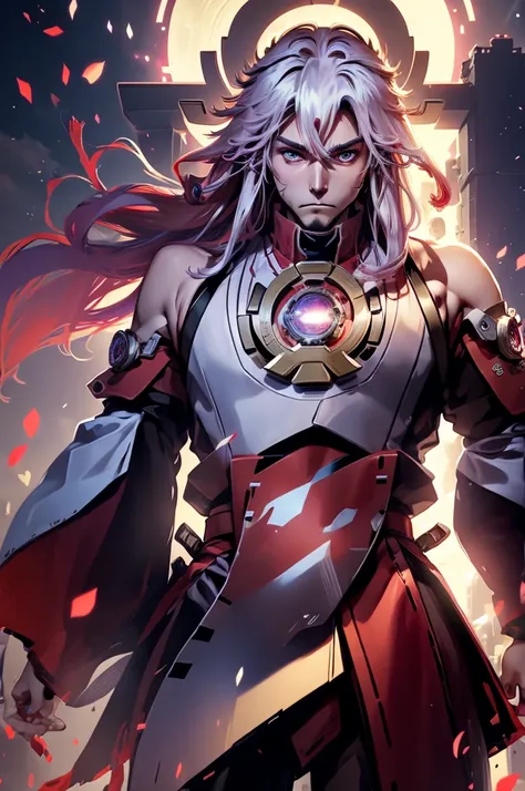 Jiraiya from Naruto, wearing the iconic Iron Man suit. He stands confidently atop a towering skyscraper, with a magnificent cityscape and a star-filled night sky in the background. His long white hair flows slightly in the wind, and his sharp eyes, filled ...