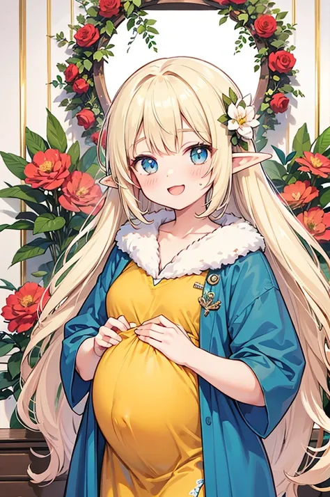 hyper cute girls anime style,pregnant elf,happy face,
Congratulatory outfits for festive occasions, big and fancy decorated maternity clothes,amount of flowers,