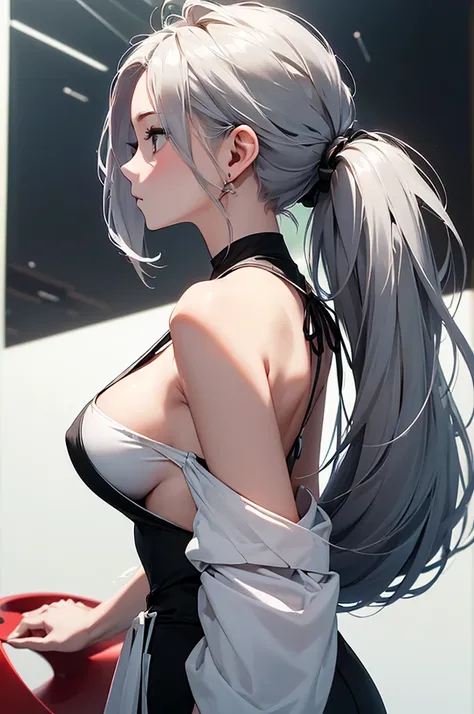 (Image from chest up:1.4)((masterpiece:1.5,Highest quality,Beautiful images、2.5D、Abstract、Artistic、Portraiture))(One girl, solo)(medium breasts, Gray Hair、Bob Hair、Beautiful breasts, Expose your shoulders)(Profile image、Look at an angle、shake your head、Sad...