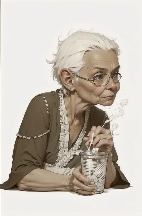 2.5D, Old woman, wrinkles, glasses, tavern dinner