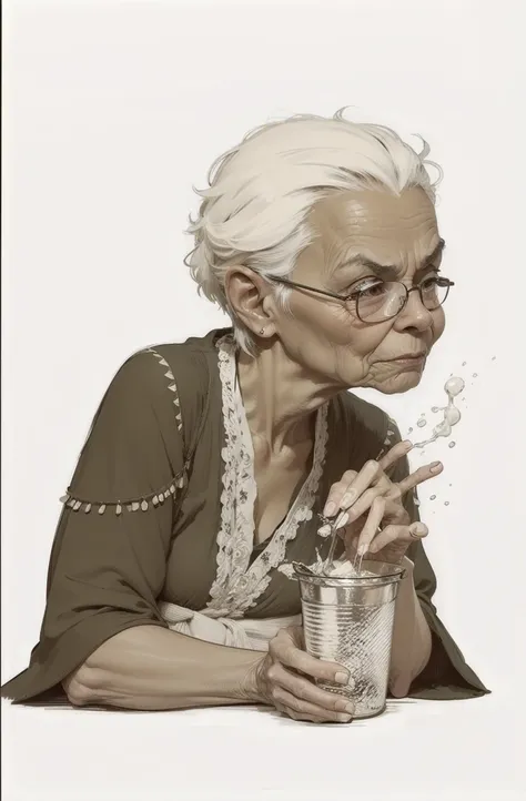 2.5D, Old woman, wrinkles, glasses, tavern dinner