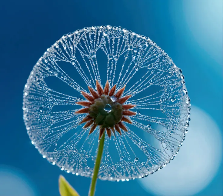 Microcosm , masterpiece , macro photography , cobweb, film grain, Bokeh , Very detailed, clear weather clear weather, micro flower, water droplets, Vague, Realistic close-up of crystal flower, sky blue background, soft contrast, Render by Octane , unreal e...