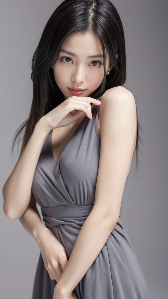 Japanese lady, skinny shape, , slender waist, beautiful face, bright eyes, black long hair, wearing a grey dress, looking back for a viewer in a photo studio, 1girl in, solo, detailed face and eyes, detailed fingers and arms.