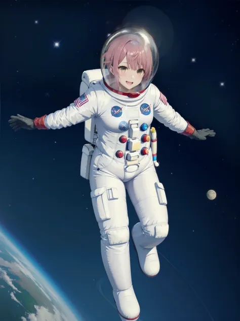 eva helm, spacesuit , astronaut), from above, pink hair, bubble helmet, space helmet,wearing a (spacesuit:1.15), white cargo pan...