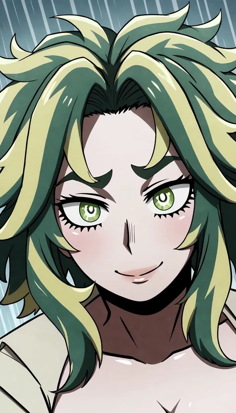 lady nagabt of mha, MHA anime style, strong green haired woman, green hair with lime green parts, messy and unusual hair, short eyebrow, green neon suit hero, cabelo com dark and light strands, dark and light strands, olhar fofo,  soft lips, ssmile, dark a...