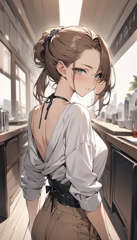 Highest quality　masterpiece　High resolution　masterpiece　Brown Hair　Cover one eye　Grey Eyes　Long hair tied back, Casual clothing