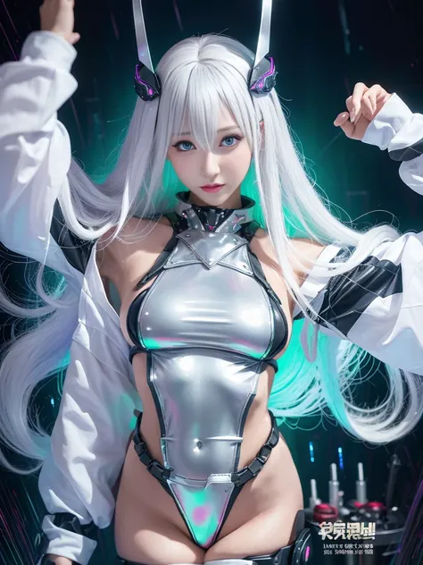 Super Detail, High Detail, high quality, best quality, High resolution，1 female robot，Beautiful female robot,beautiful clear face(Rain waves_haneame：1.5)， Realistic, High resolution, Soft Light,Hips up, (Detailed face), silver hair, long hair, Mecha Maiden...