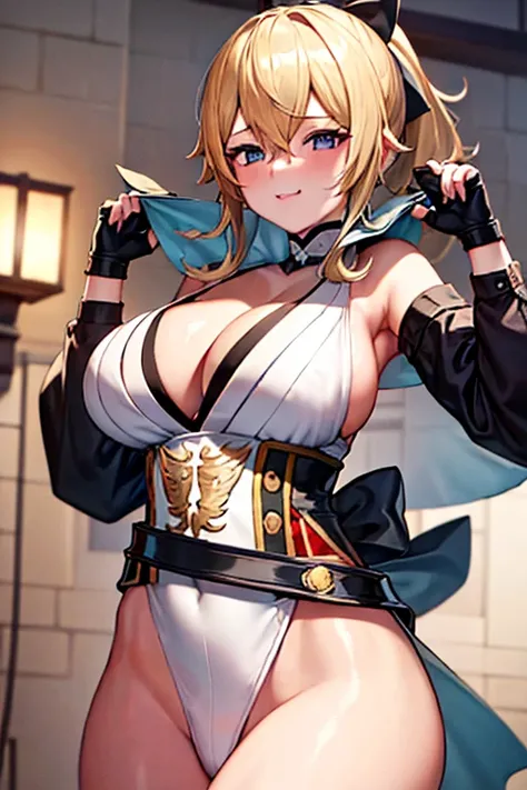 masterpiece, high resolution, best quality, rendered art, beautiful art, well formed fingers and hands, 1 woman, solo, Jean Gunnhildr, blonde, adult, grown up, 31 years old, large and round breasted, cleavage, full body, wearing a Iroha Samurai Spirits cos...