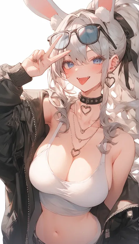 score_9,score_8,score_7,score_8_up,score_7_up、a cartoon girl with big bunny ears wearing swimwear giving the peace sign, 1girl, breasts, blue eyes, solo, animal ears, navel, v, large breasts, eyewear on head, ponytail, grey hair, jacket,Miyu