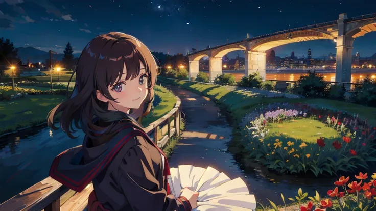 masterpiece,Highest quality,One Girl,The hair color is brown, Eye color: black, smile,countryside,Cityscape,night景,Flowers and plants,scenery,night,Light Perception,soft,