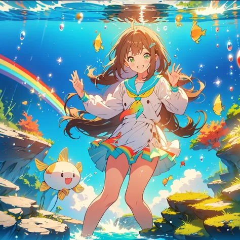 kawaii, anime, Cute, hyper quality, highly detailed, 8k, Front facing, Clarity, brown long hair, green eyes, smile, sailor suit, the skirt flaps, In the water, Pose with movement, countless bubbles, wrapped in bubbles, light shines in, underwater, rainbow ...