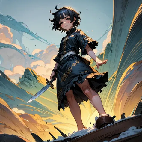 1girl, Full body version, 1character, girl version, black eyes color, short haircut, black colour hair, Ancient Roman style clothing, long skirt, Grassroots, background in snow town, motion blur, (one piece style art), snow, knife in hand, high angle view 