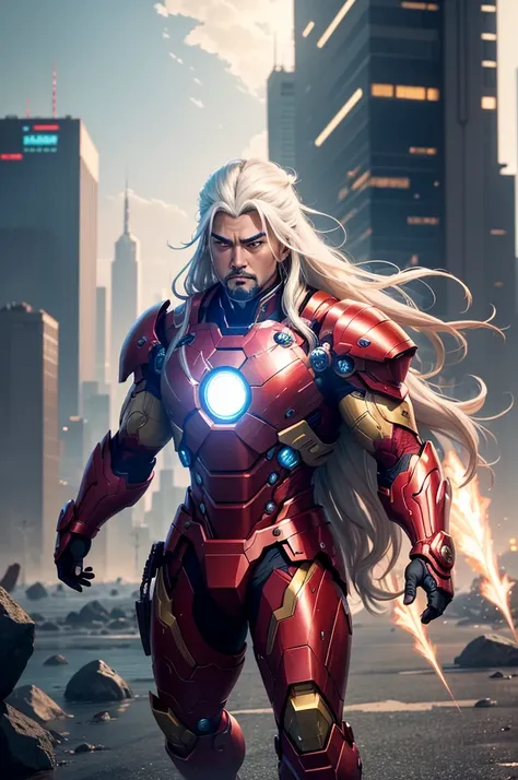 Jiraiya from Naruto, wearing the iconic Iron Man suit. He stands confidently atop a towering skyscraper, with a magnificent cityscape and a star-filled night sky in the background. His long white hair flows slightly in the wind, and his sharp eyes, filled ...