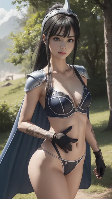 dragonballchichi, chi chi, (black eyes:1.5), black hair, long hair, hime cut, blunt bangs, sidelocks, BREAK armor, bikini armor, cape, collarbone, gloves, helmet, navel, pauldrons, shoulder armor, cleavage, BREAK outdoors, nature, forest, cloud, sky, sun, ...