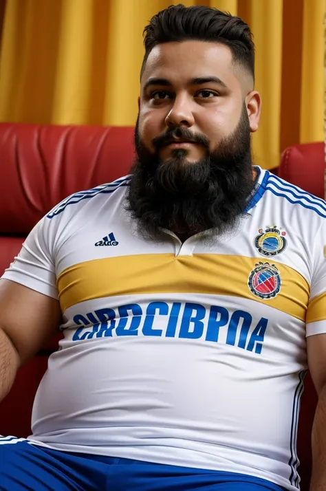 A drawing of a chubby person with a beard with light eyes watching the Colombia game, with the Colombian shirt and the surname Rojocapo