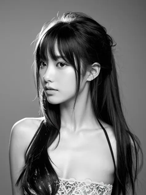 (masterpiece), (highest quality), (Super detailed), (messy hair), (shape), (one japanese girl), (fashionable labe bra), Are standing, Fashion Model, (interview), (simple black and white background), fine and beautiful eyes, delicate beautiful face, floatin...