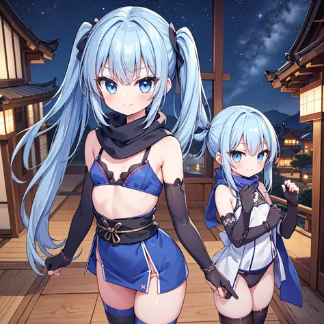 Masterpiece, best quality, ultra detailed, extremely detailed,1girl, evil smiling, looking at viewerery,flat chest,blue hair,twintails,middle hair,sky blue eyes, (((petite))), slim thighs, bule　ninja, japanese_clothes, ninja_clothes, ,scarf, elbow gloves, ...