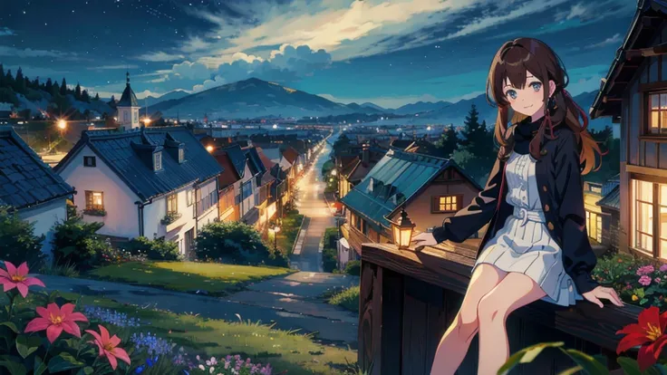 masterpiece,Highest quality,One Girl,The hair color is brown, Eye color: black, smile,countryside,Cityscape,night景,Flowers and plants,scenery,night,Light Perception,soft,