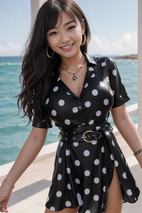 Half-length glamour portrait, nikon D850, f1.6 lens, 200mm, DSLR, 22 Megapixels, (((Modern villa with ocean views scene))), shot of a stunning 19 years old korean girl, (smile:1.4), (wearing black Polka dot shirt dress with leather belt:1.6), ((seductive p...