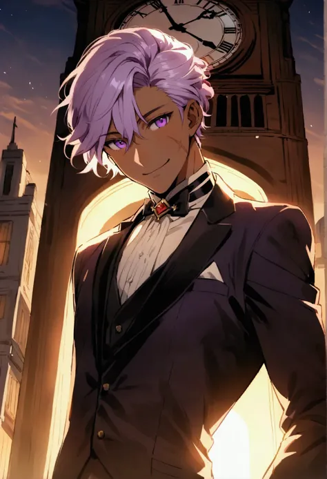 Beautiful youth,One Man,27 years old,Brown Skin,Light purple hair,Purple eyes,Upper Body,Simple hairstyles,masculine body,smile,Standing on top of the clock tower,Light shines in,Backlight,A cityscape can be seen in the background,Scar on cheek