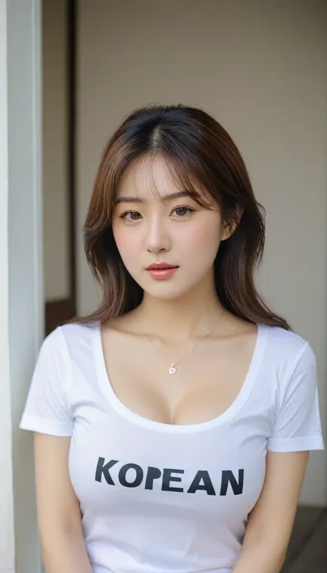 extreme close-up of beautiful korean female, 34 inch breasts size,  wearing t-shirt, necklace , sitting beside the door house, bokeh background, UHD 