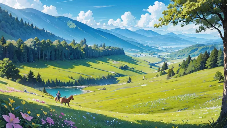 Refreshing grasslands, plateaus, trees swaying in the wind, refreshing blue skies, background only, flying dragons, beautiful flowers here and there, Nostalgic