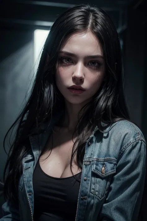 a sexy gothic russian girl,1girl,long black hair,slim,small breasts,wearing a jeans jacket,medium ass,detailed face,beautiful detailed eyes,beautiful detailed lips,extremely detailed facial features,photorealistic,hyper detailed,dramatic lighting,cinematic...