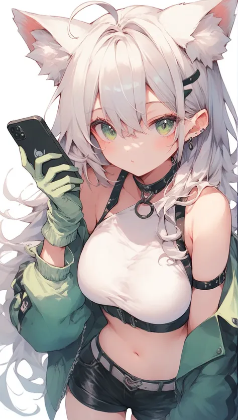 score_9,score_8,score_7,score_8_up,score_7_up、a cartoon style female character holding a phone with an iphone attached, 1girl, solo, animal ears, green eyes, navel, long hair, white hair, breasts, gloves, green gloves, ahoge, looking at viewer, bare should...