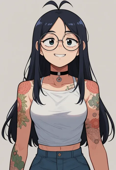 animado girl with glasses and long hair, a woman with tattoos on her body and a choker, render visual of a cute girl, animado style. 8k, pin on animado, animado vibes, animado style 4 k, animado moe artstyle, animado aesthetic, 