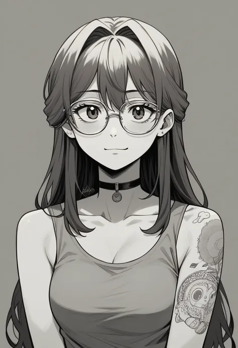 animado girl with glasses and long hair, a woman with tattoos on her body and a choker, render visual of a cute girl, animado st...