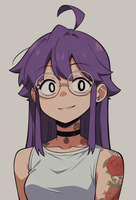 animado girl with glasses and long hair, a woman with tattoos on her body and a choker, render visual of a cute girl, animado st...