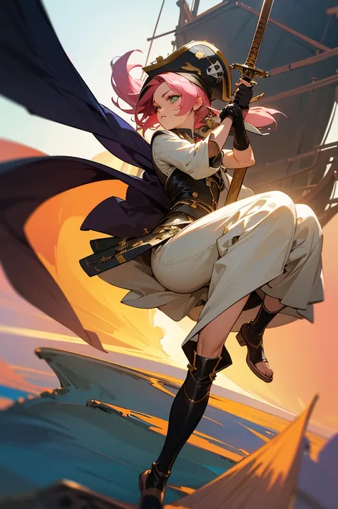 Imagine Sakura Haruno from Naruto, wearing the iconic pirate costume. She stands confidently on the deck of a majestic pirate ship, with the vast ocean and a bright blue sky in the background. Her short pink hair flows in the sea breeze, and her green eyes...