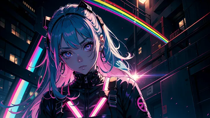 close up, 1 girl, standing alone, [dark blue and pink hair: blue and pink hair:0.2], cyber punk, hightech, in, mechanical parts,...