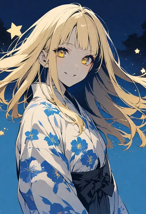 solo,handsome, monotone,
1. Female,
,Straight Hair,Bob Hair, Bob, blonde hair, 
Kazuka Nakano ,
yellow eyes,Soft look,beautiful,beautiful,Lolita,Darkness,
smile,skin, yukata,
 ,Star,night sky,
simple background ,
Blue background,